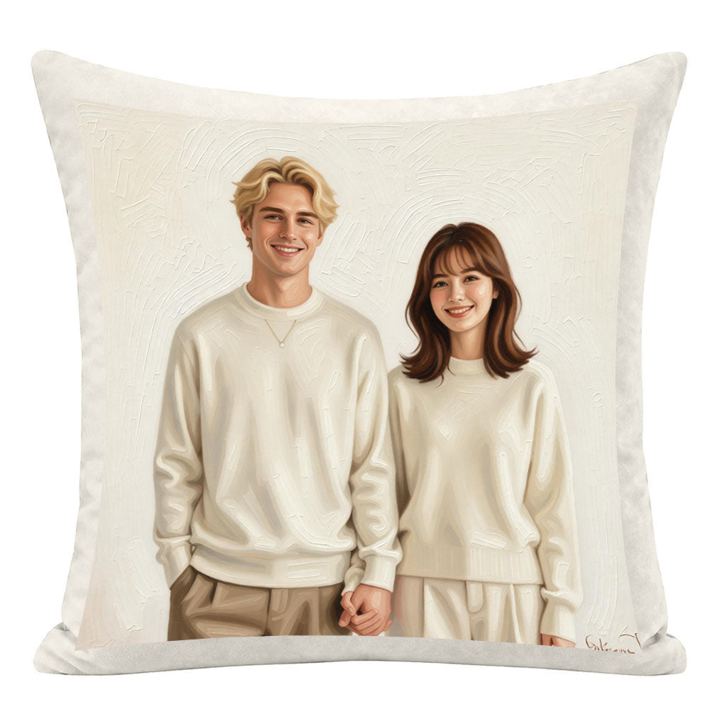 Premium custom couple pillow with textured oil painting style, soft neutral tones, personalized portrait for home decor