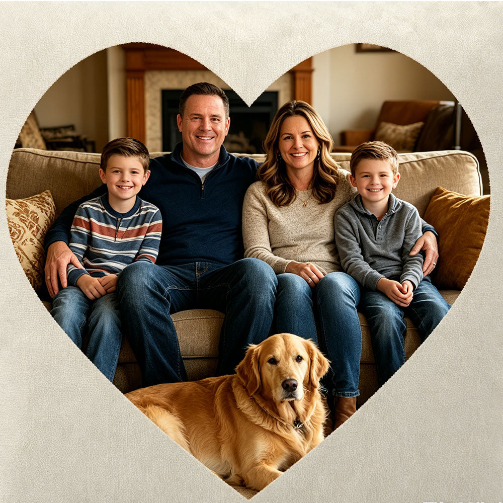 Detailed view of the heart-shaped family photo on the custom luxury velvet pillow cover