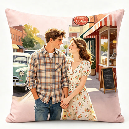 Custom vintage coffee shop watercolor couple pillow, retro street scene design, personalized romantic throw pillow, premium soft velvet pillow, unique couple keepsake