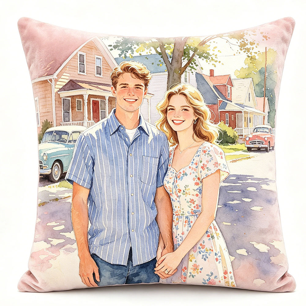Retro suburban watercolor couple pillow, 1950s neighborhood design, personalized romantic throw pillow, premium soft velvet pillow, unique couple keepsake