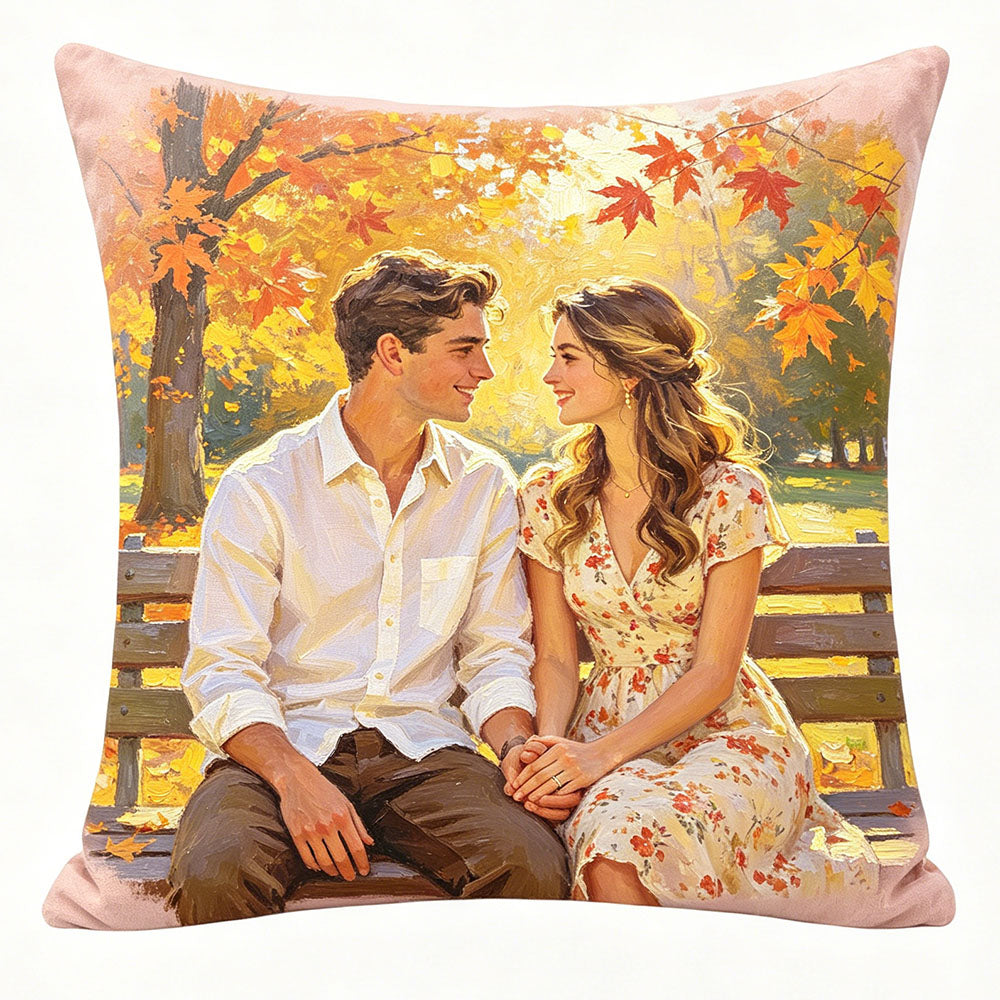 Romantic couple throw pillow, vintage oil painting style autumn park bench love scene