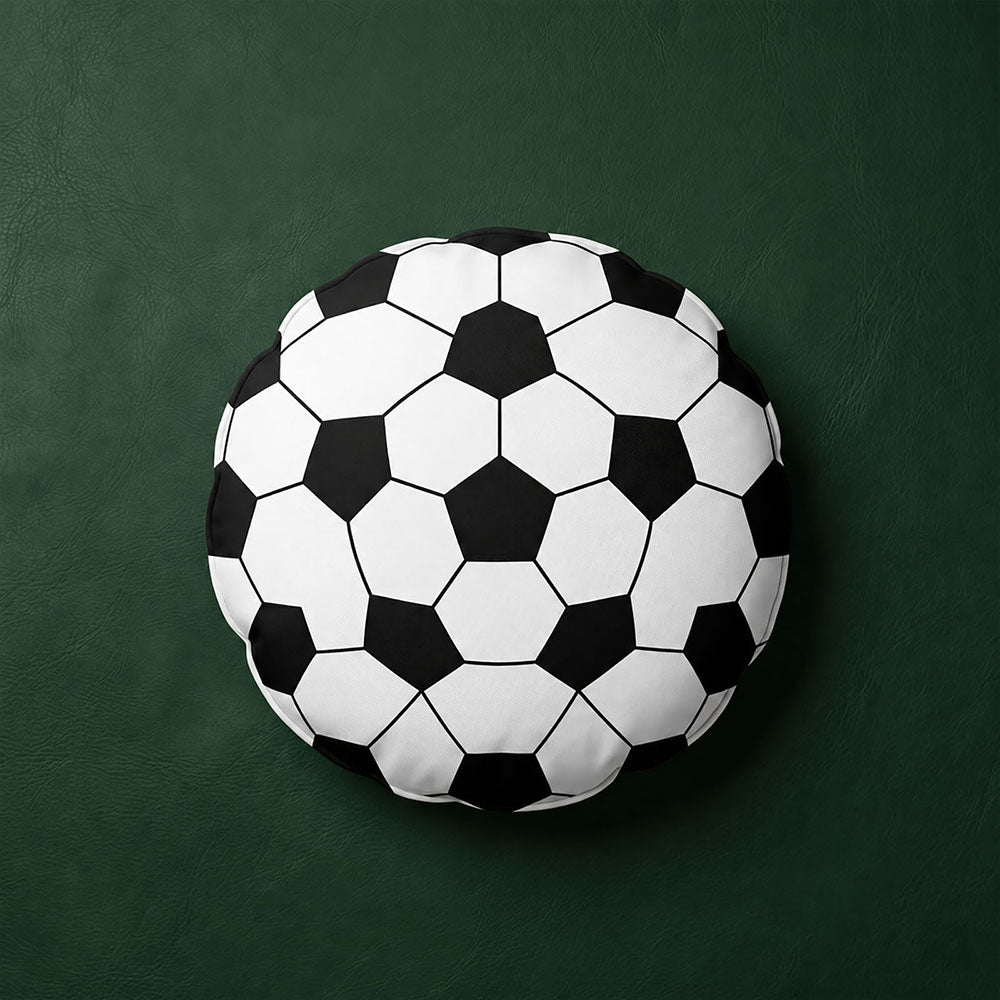 3D spherical round soccer ball shaped custom throw pillow, classic black-white panel football cushion, World Cup novelty sports decor pillow customizable with team text.