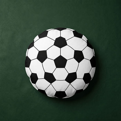 3D spherical round soccer ball shaped custom throw pillow, classic black-white panel football cushion, World Cup novelty sports decor pillow customizable with team text.