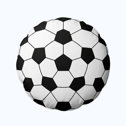 Classic round 3D panel soccer novelty throw pillow with traditional black-and-white football design, customizable cushion for World Cup fan decor, add your personalized name or custom fan photo for unique sports keepsake.
