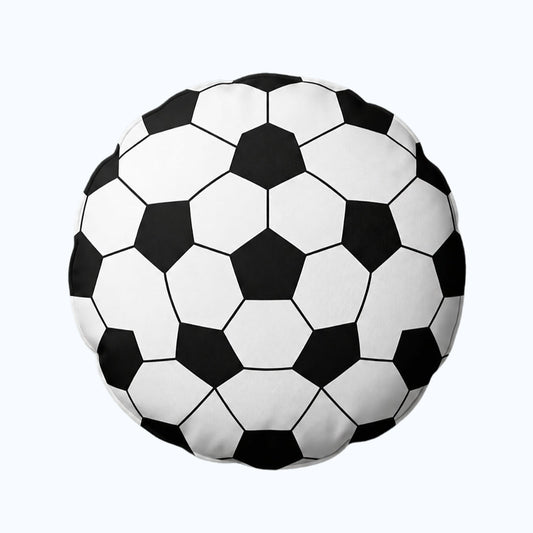 Classic round 3D panel soccer novelty throw pillow with traditional black-and-white football design, customizable cushion for World Cup fan decor, add your personalized name or custom fan photo for unique sports keepsake.