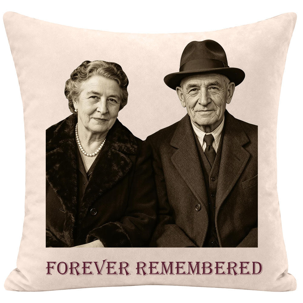 Custom memorial pillow with a sepia-toned vintage portrait of an elderly couple, personalized with "Forever Remembered", keepsake gift for remembering grandparents or spouses, soft cream fabric sympathy throw pillow