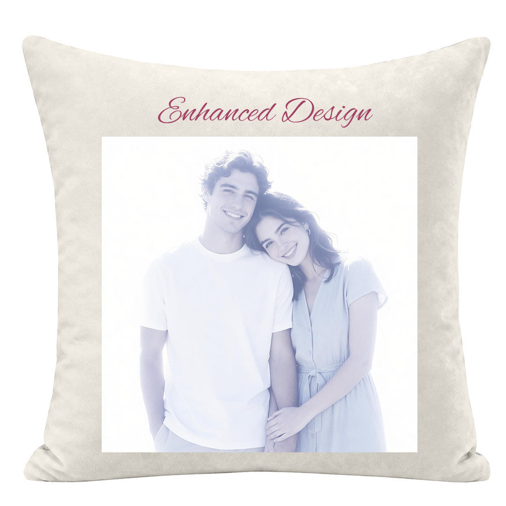 Soft blue minimalist tone enhanced custom couple pillow, dreamy light effect on couple photo, subtle romantic personalized keepsake pillow