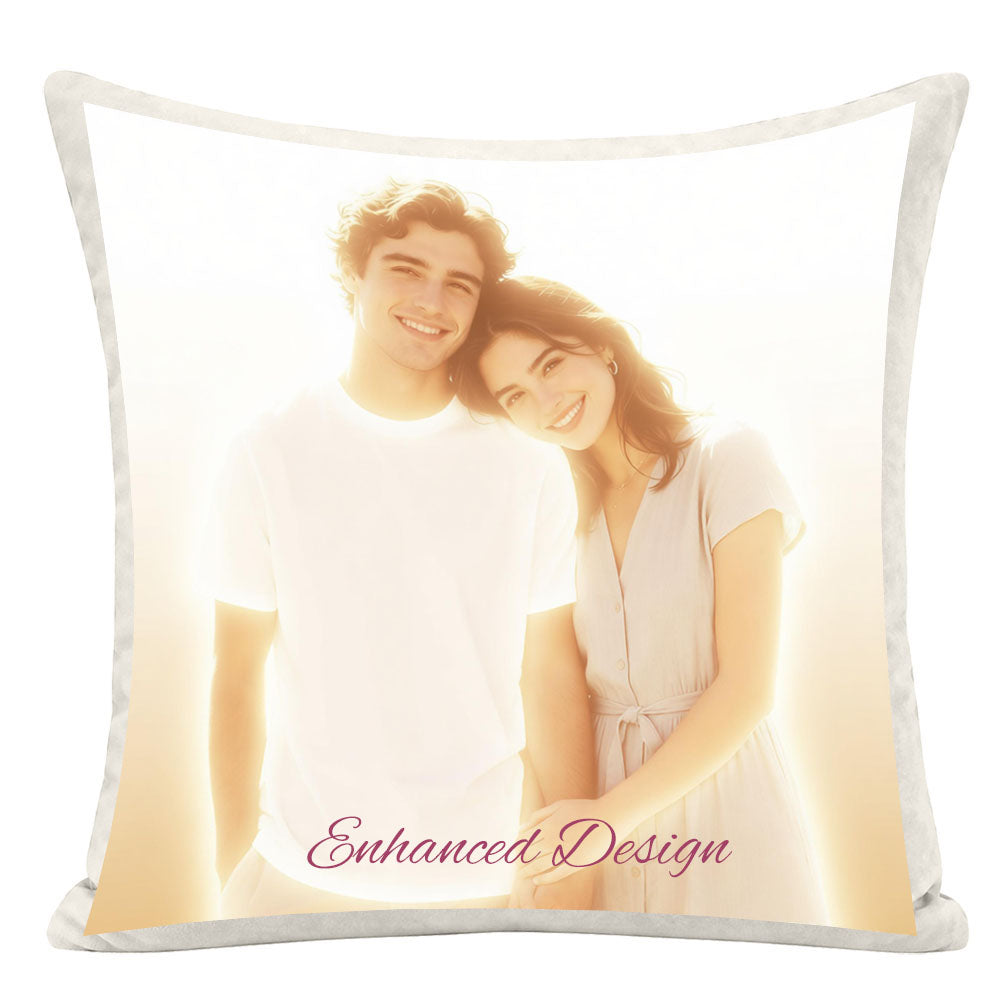 Soft luminous glow enhanced custom couple pillow, dreamy warm light effect on personalized photo, premium romantic keepsake pillow for couples