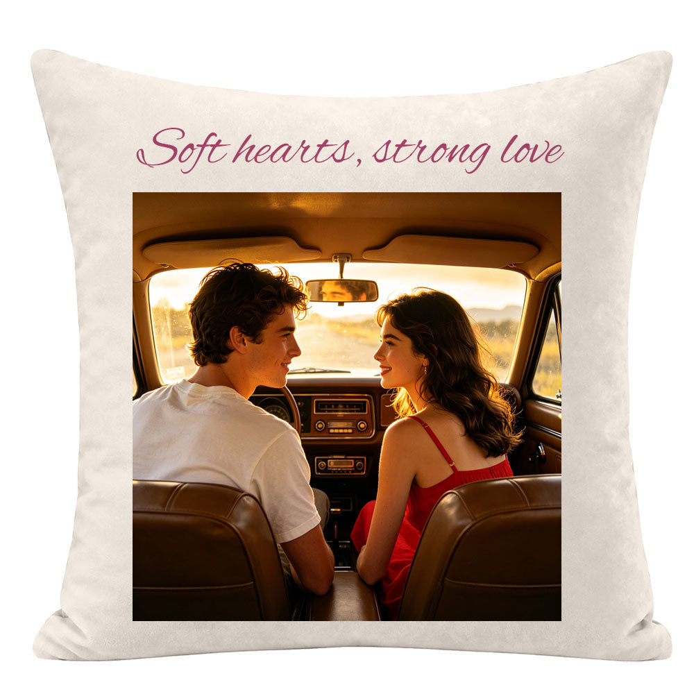 "Soft hearts, strong love" custom couple pillow cover, framed photo of couple gazing at each other in a vintage car at sunset, personalized keepsake for love, anniversary gift for partners