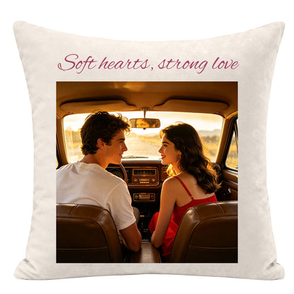 "Soft hearts, strong love" custom couple pillow cover, framed photo of couple gazing at each other in a vintage car at sunset, personalized keepsake for love, anniversary gift for partners