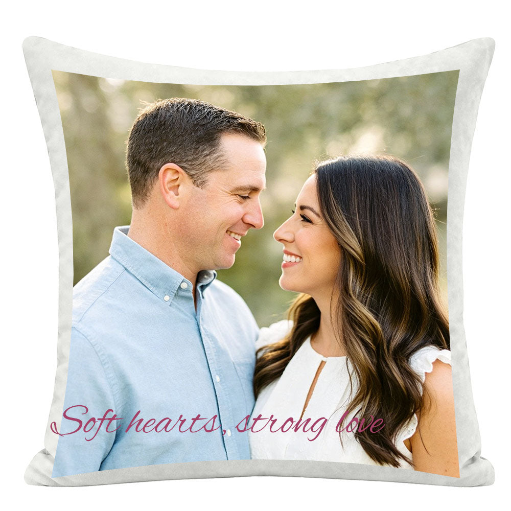 "Soft hearts, strong love" custom couple pillow, framed photo of couple smiling at each other in outdoor setting, personalized love quote pillow, romantic home decor for couples