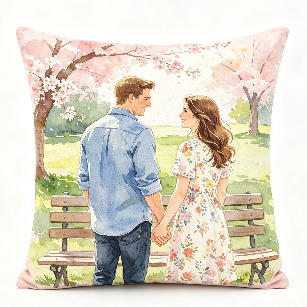 Spring cherry blossom watercolor couple pillow, park walk scene design, personalized romantic throw pillow, premium soft velvet pillow, unique couple keepsake