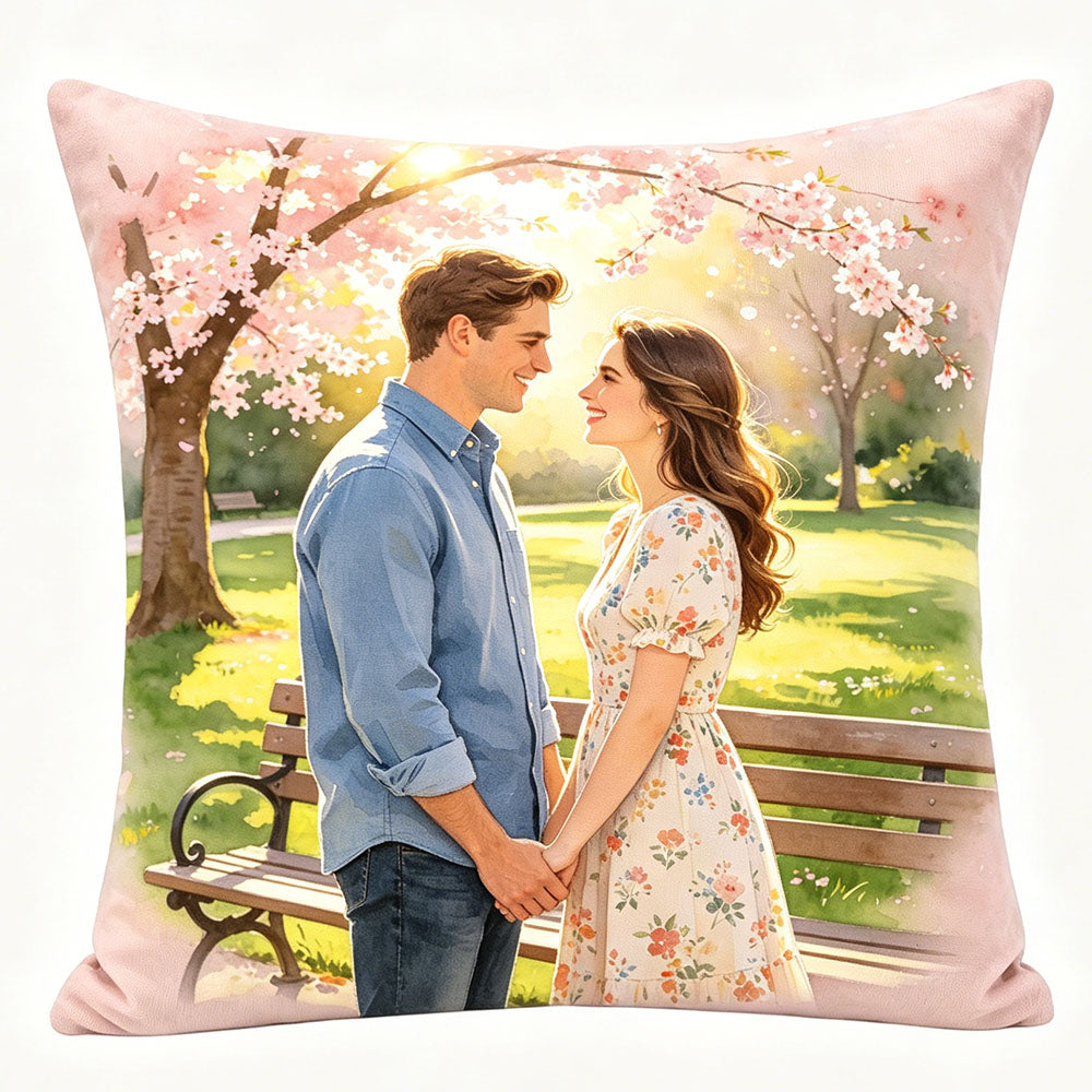 Sunlit cherry blossom watercolor couple pillow, romantic park scene design, personalized romantic throw pillow, premium soft velvet pillow, unique couple keepsake