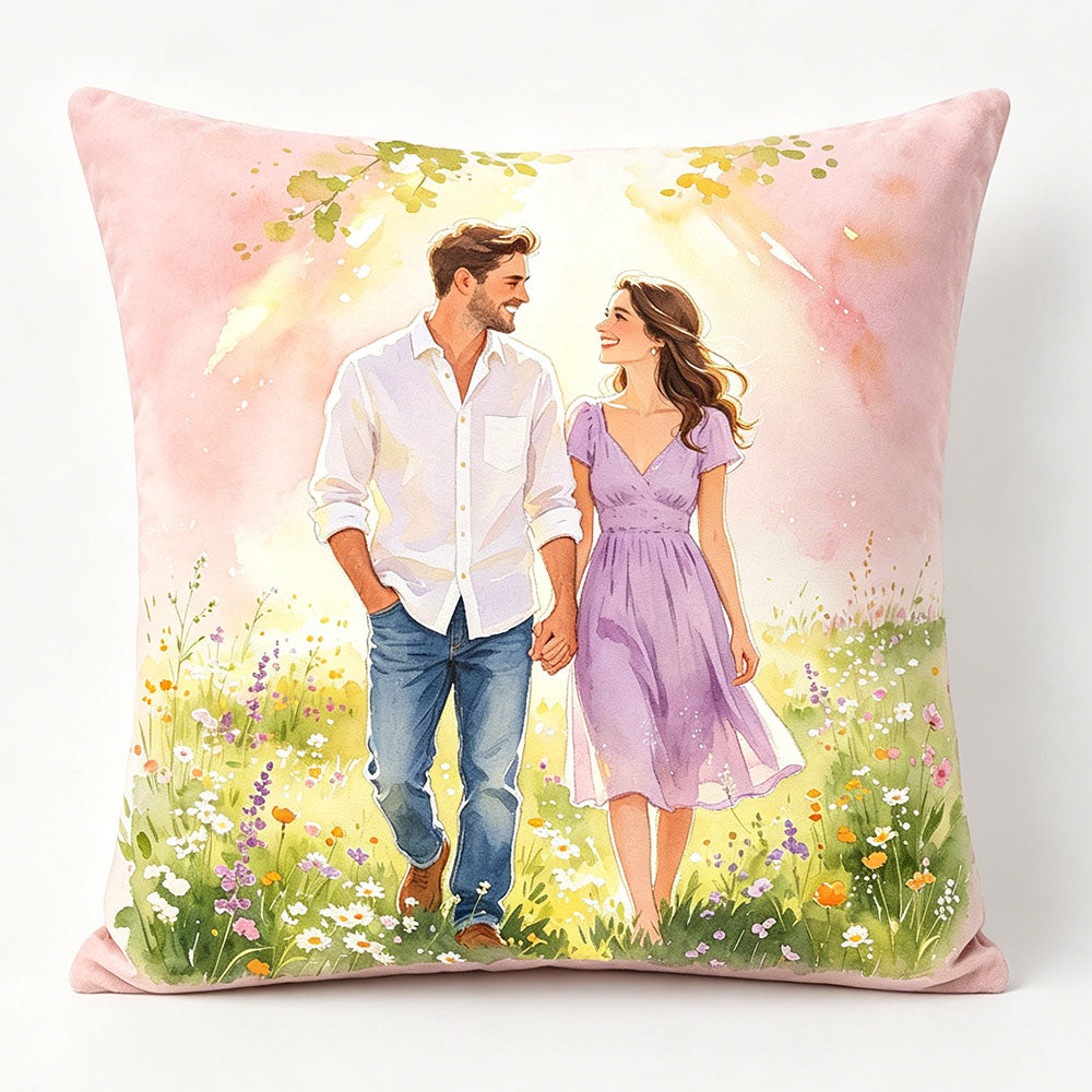 Sunset wildflower watercolor couple pillow, meadow walk scene design, personalized romantic throw pillow, premium soft velvet pillow, unique couple keepsake
