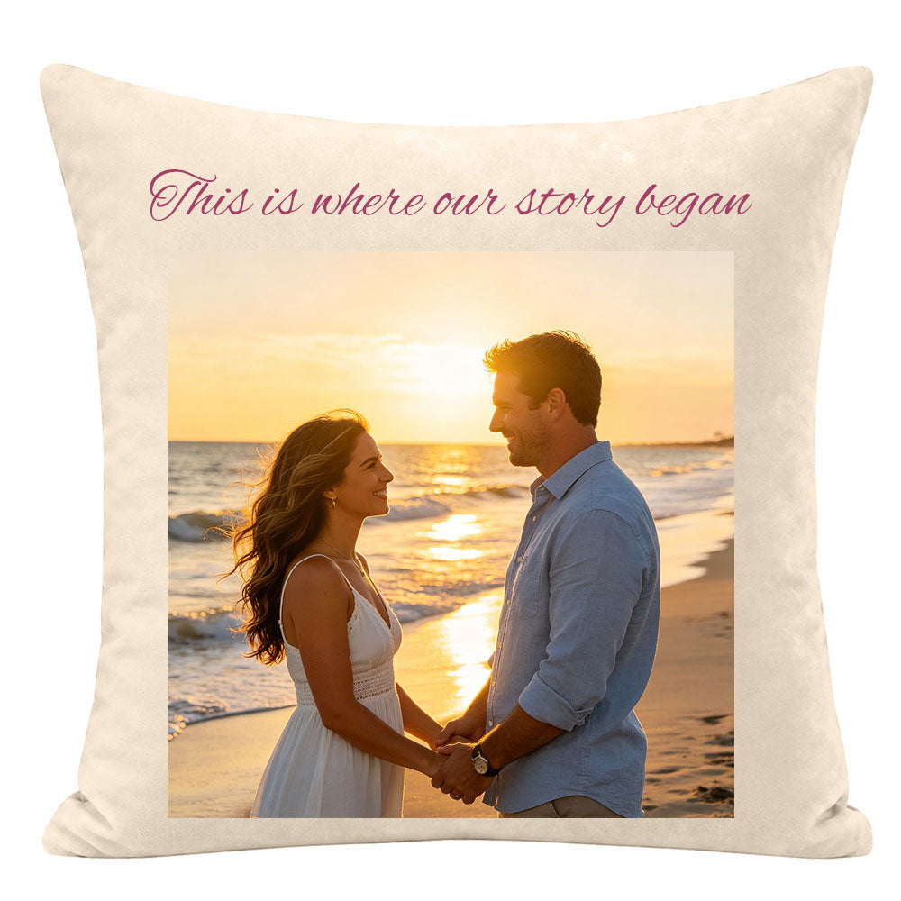 "This is where our story began" custom couple pillow, framed photo of couple at sunset beach, personalized love quote pillow, romantic home decor for couples