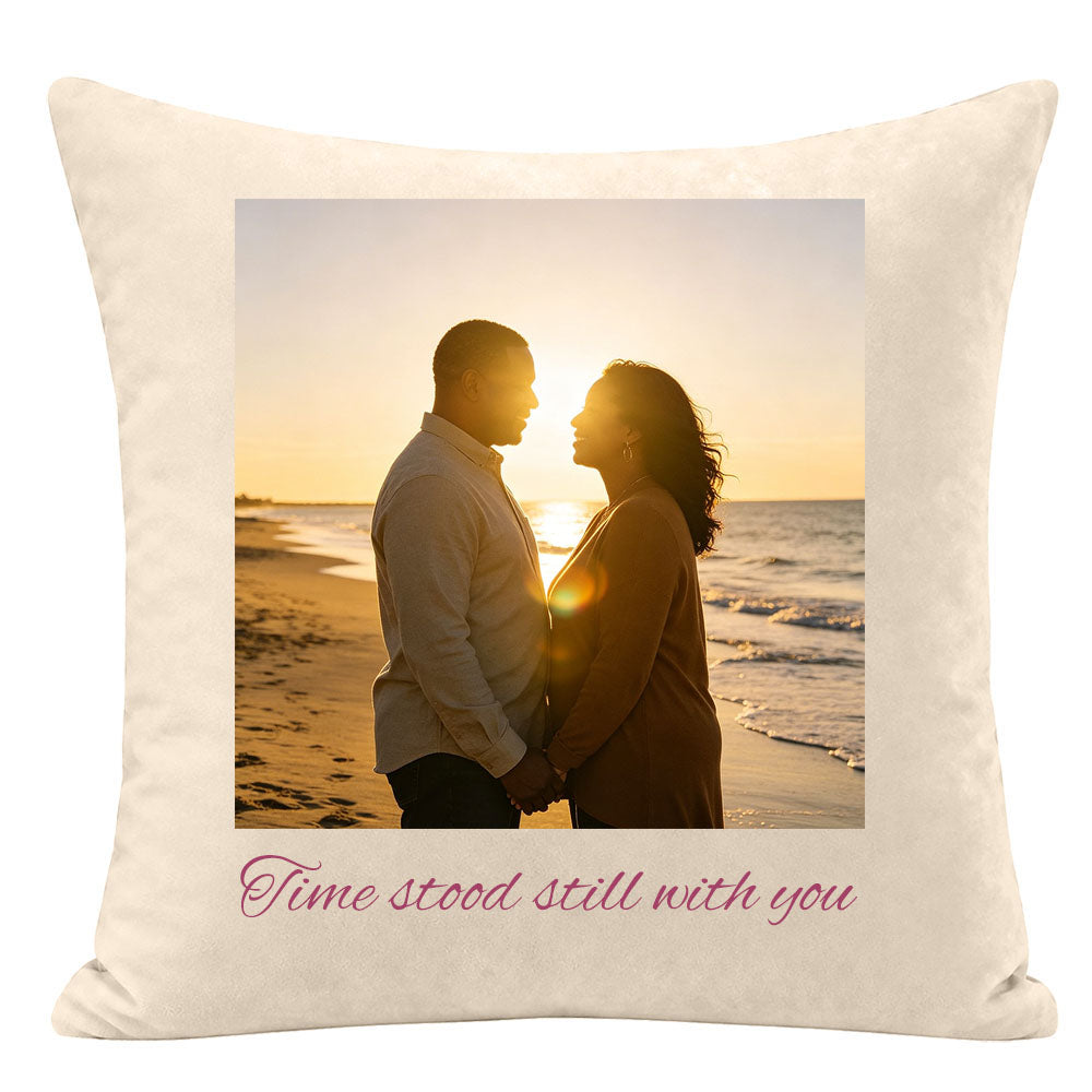 "Time stood still with you" custom couple pillow cover, framed photo of couple at sunset beach, personalized keepsake for love, anniversary gift for partners