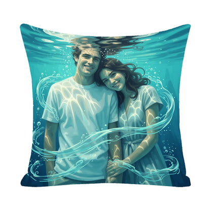 Underwater fantasy themed custom couple pillow, aquatic style photo transformation with teal water and bubbles, unique personalized art pillow
