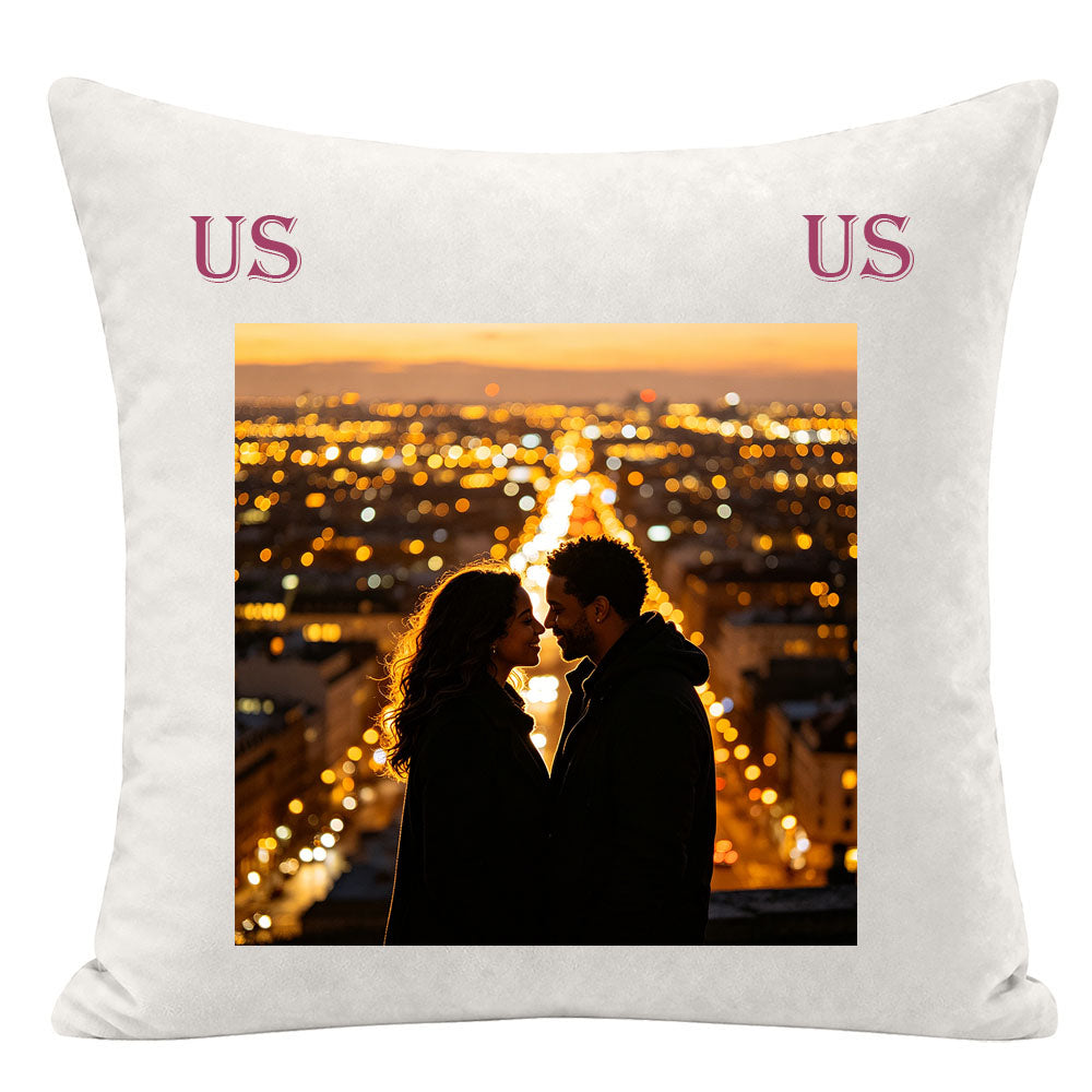 "US" custom couple pillow cover, panoramic city night skyline bokeh lights, couple silhouette facing each other, personalized romantic keepsake for couples