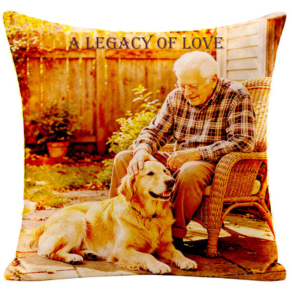 ：Vintage-toned memorial pillow with a photo of an elderly man sitting with his golden retriever dog, printed with "A Legacy of Love", sympathy keepsake for remembering a loved one with their pet, soft cream fabric throw pillow.