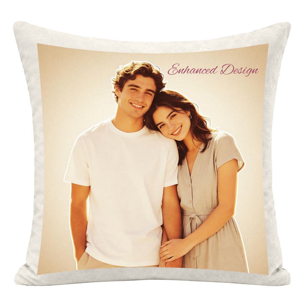 Warm sepia enhanced custom couple pillow, soft vintage glow effect on couple photo, romantic personalized keepsake pillow for anniversaries