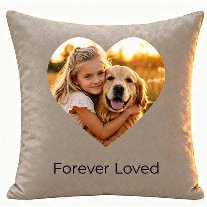 Warm sunset lighting highlighting luxury personalized photo pillow cover, premium home keepsake