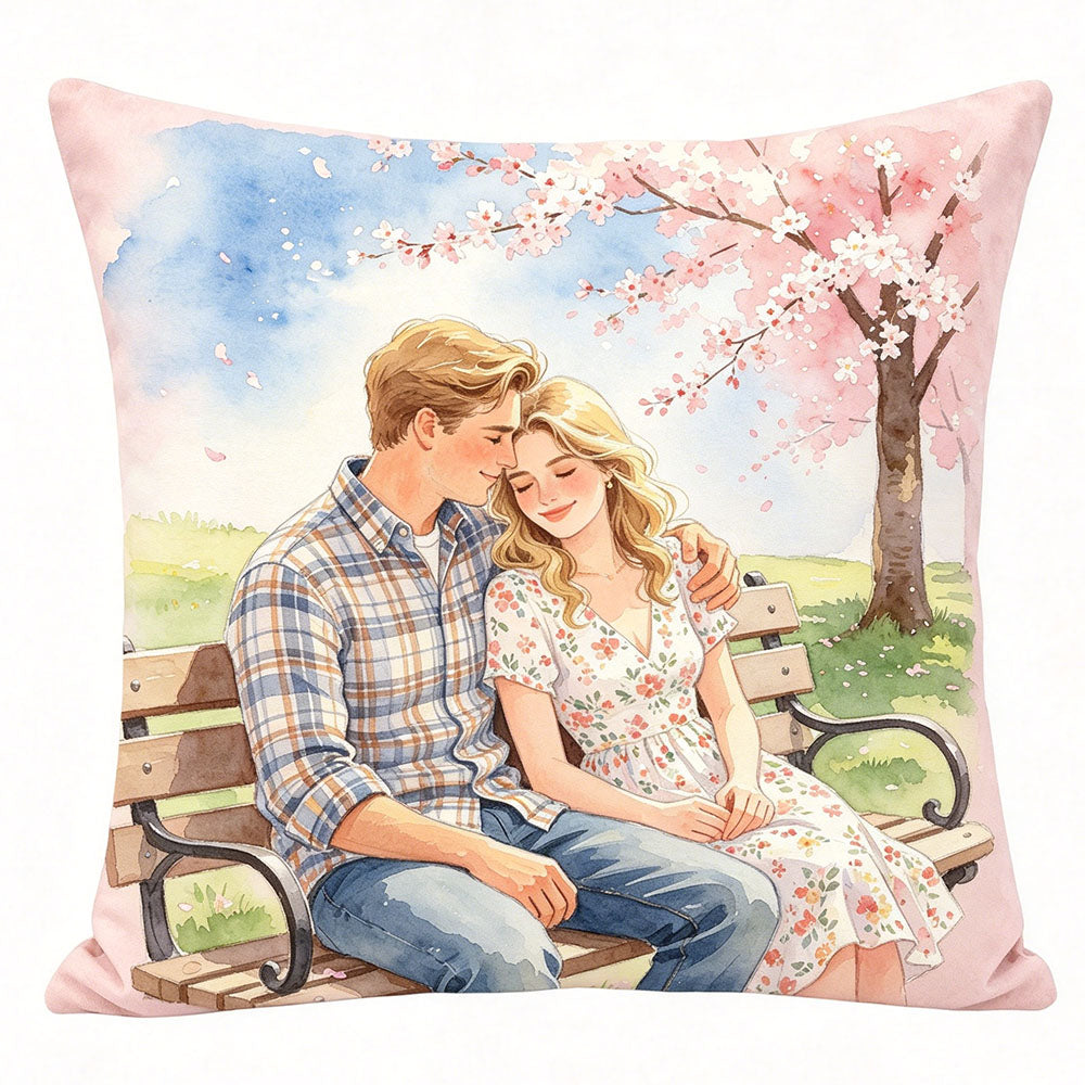 Custom watercolor couple throw pillow, romantic cherry blossom park design, personalized wedding keepsake pillow, premium soft velvet home decor, unique couple portrait pillow for engagement or anniversary