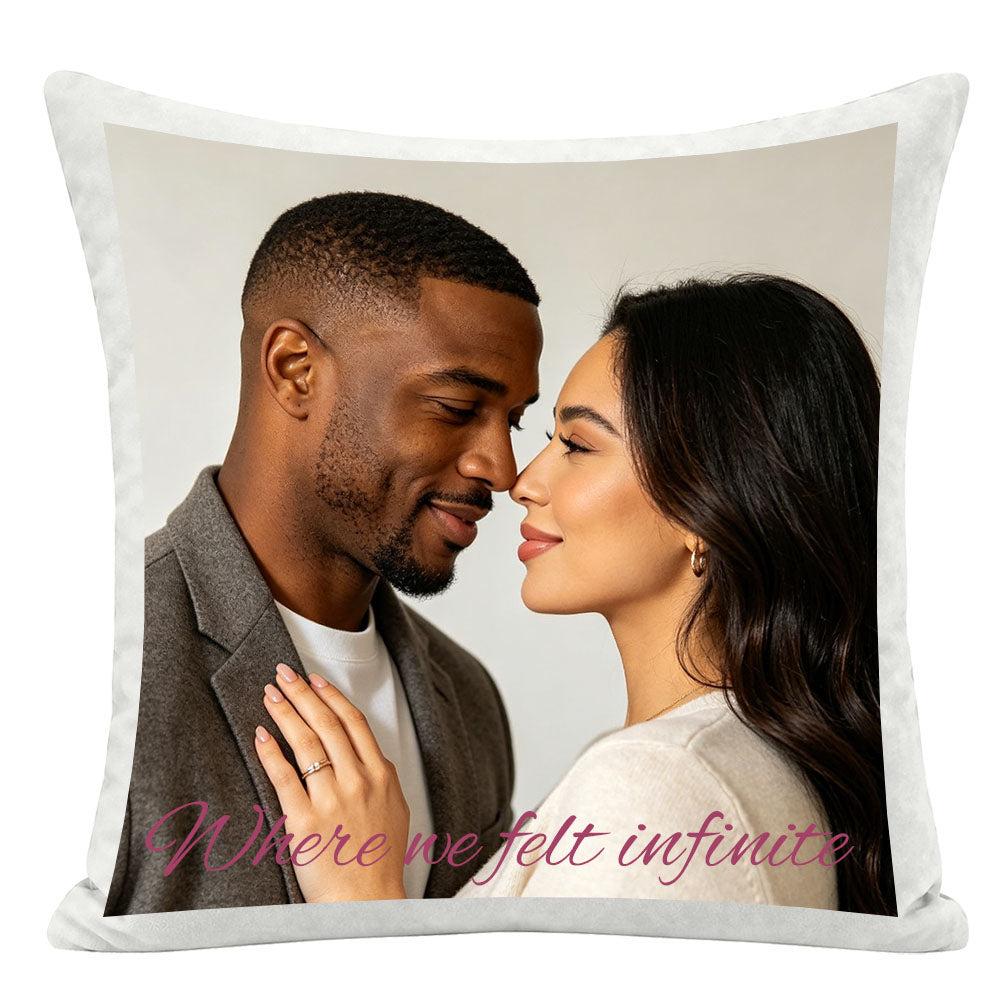 "Where we felt infinite" custom couple pillow, framed photo of couple face-to-face studio portrait, personalized romantic keepsake for couples