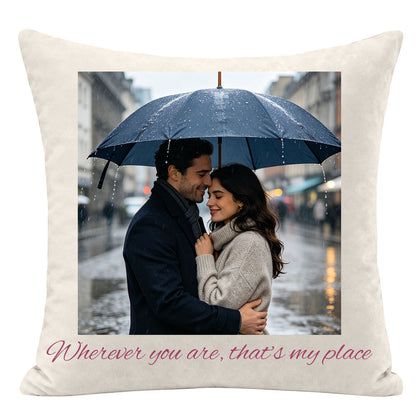"Wherever you are, that's my place" custom couple pillow, framed photo of couple under umbrella in rainy city, personalized romantic keepsake for couples