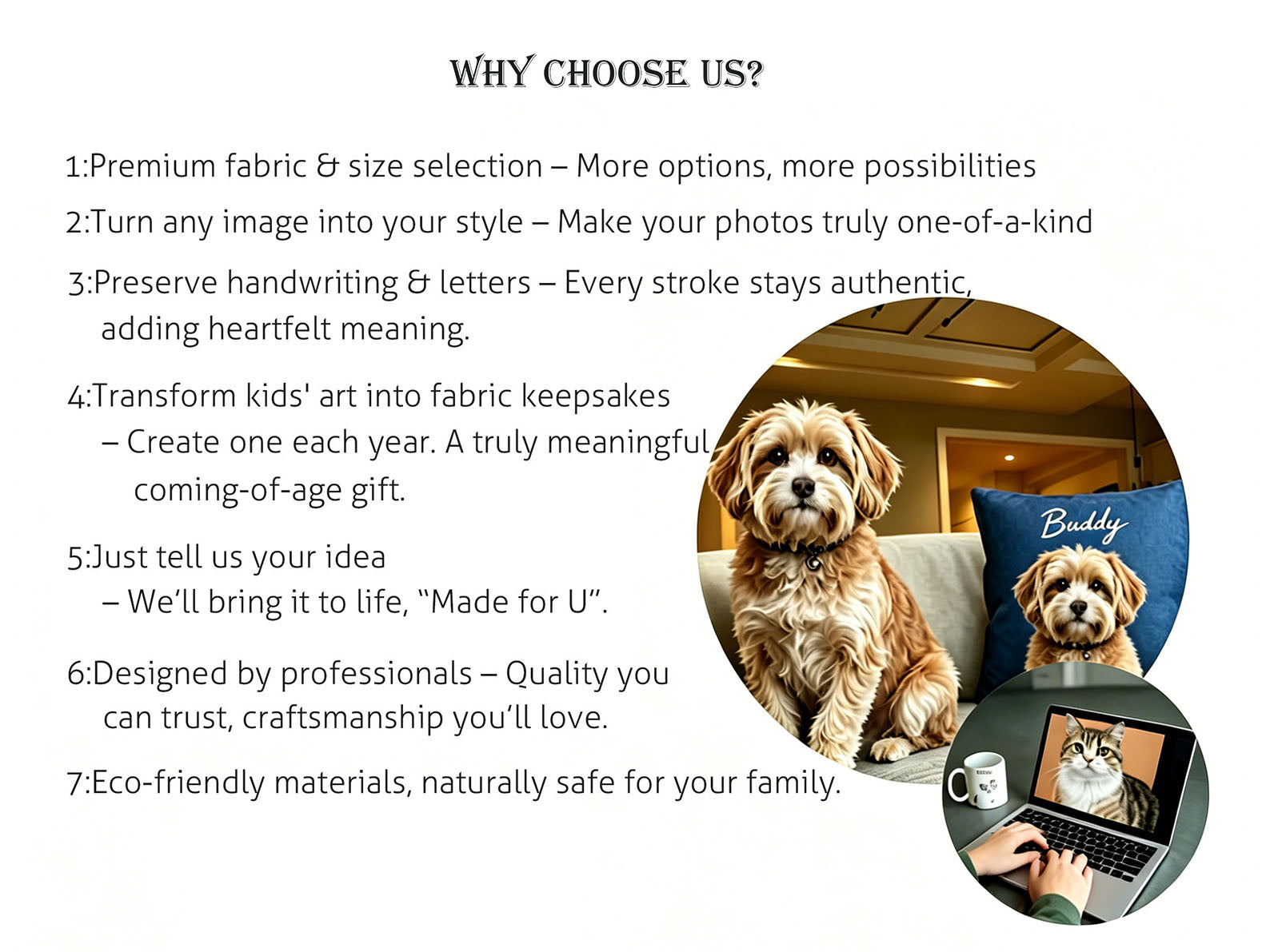 Why choose our custom pet pillows: premium fabric, personalized art styles, unlimited revisions, and professional design. Features a custom portrait of a dog named Buddy and a cat design preview.