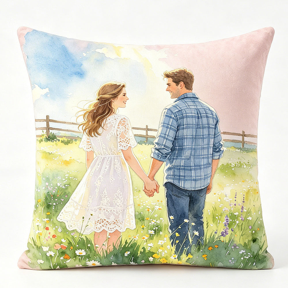 Wildflower meadow watercolor couple pillow, country walk scene design, personalized romantic throw pillow, premium soft velvet pillow, unique couple keepsake