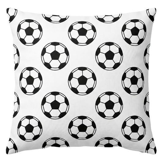 World Cup themed custom soccer throw pillow with repeating classic black-white football pattern, personalized sports fan cushion for soccer lovers & game day home decor, custom add team name or your sports photo.