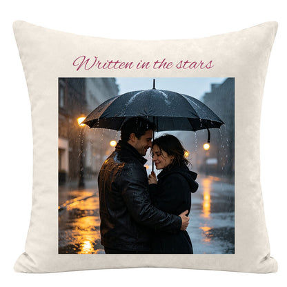 "Written in the stars" custom couple pillow cover, framed photo of couple under umbrella in rainy sunset city, personalized keepsake for love, romantic home decor