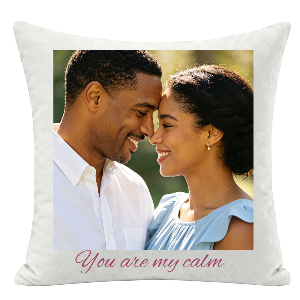 "You are my calm" custom couple pillow cover, framed photo of Black couple touching foreheads outdoors, personalized keepsake for love, anniversary and Valentine's Day gift