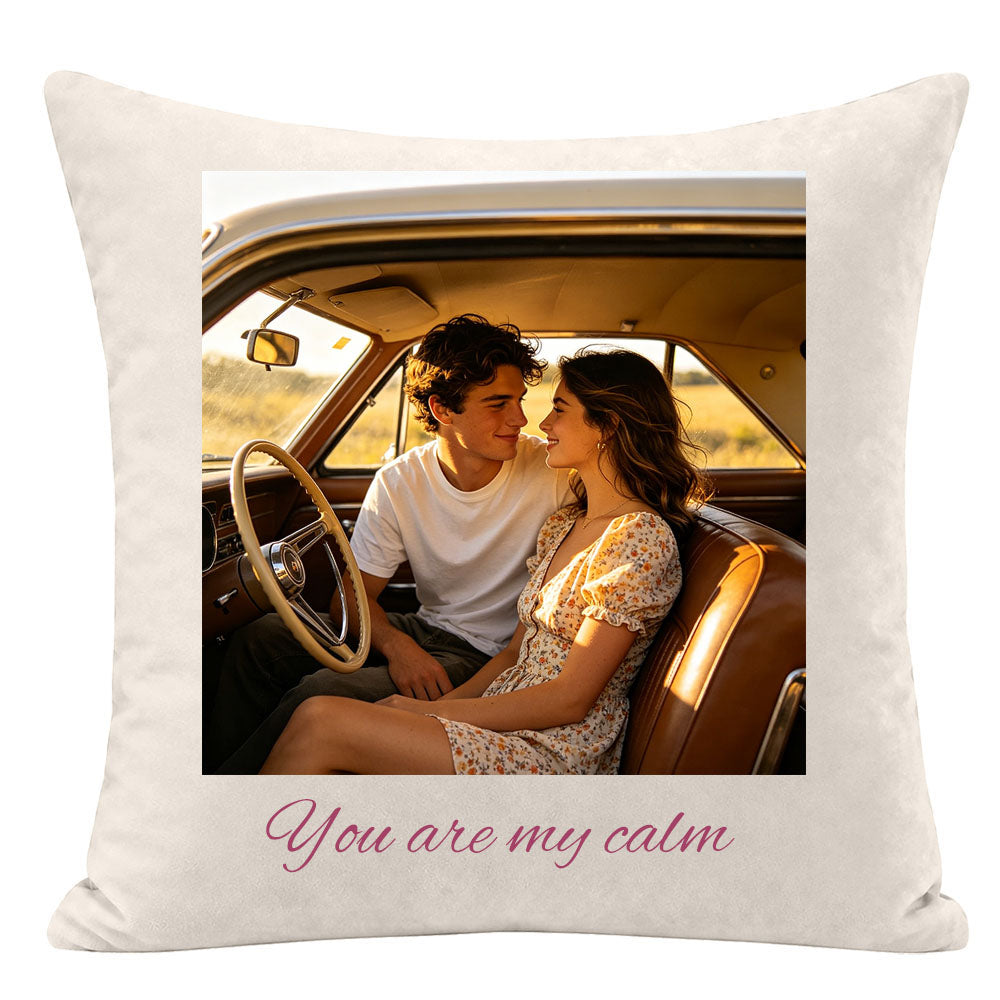 "You are my calm" personalized couple pillow, framed photo of couple sitting together in a retro car at golden hour, custom love quote pillow, romantic home decor