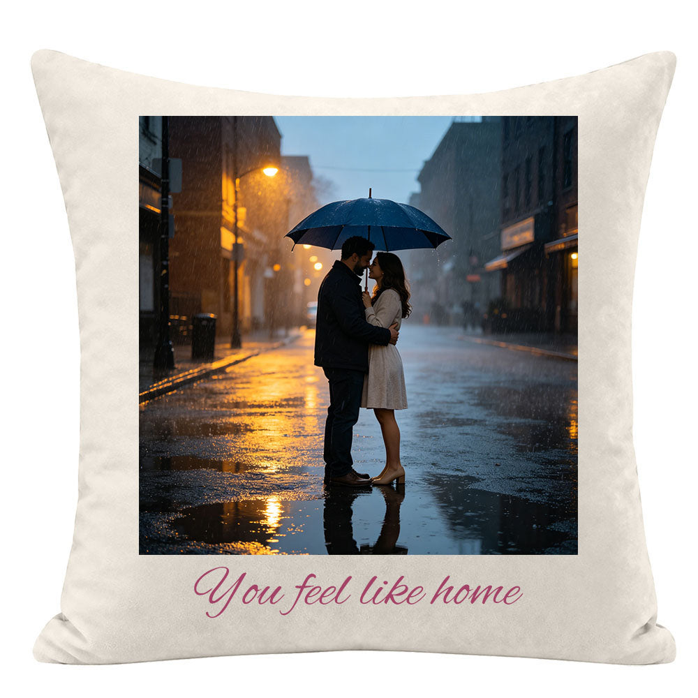 "You feel like home" personalized couple pillow, framed photo of couple under umbrella in rainy city street, custom love quote pillow, romantic home decor